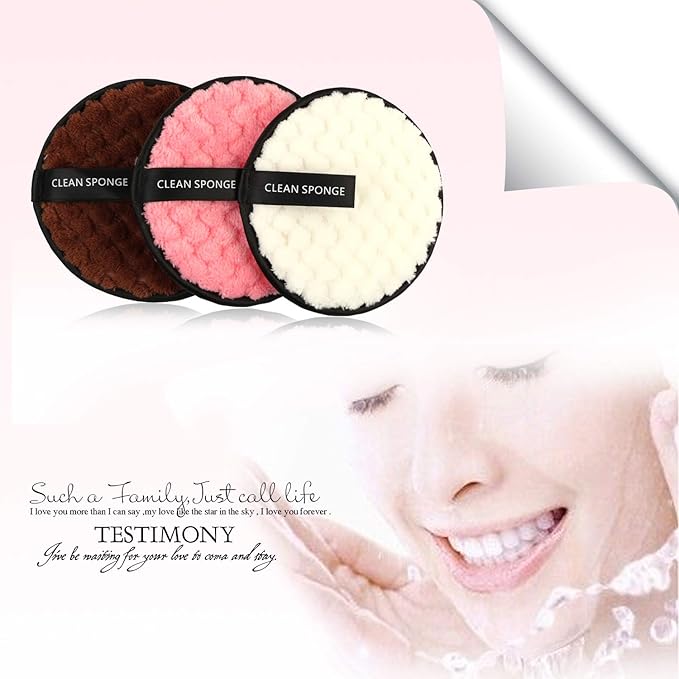 Vtrem 3 Colors Makeup Remover Pads: Reusable Rounds Soft Facial Cleaning Puffs Towels Double-Side Washable Make Up Removing Cloth Microfiber Multi-Function, White, Pink, Brown