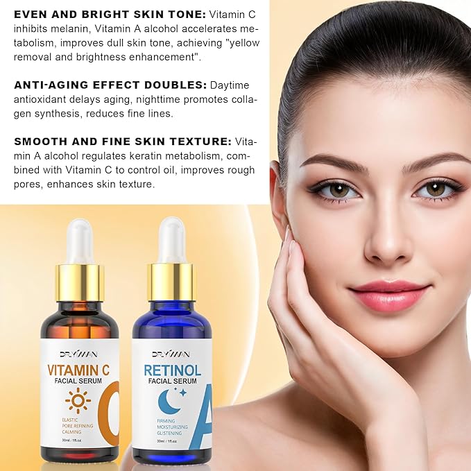 Vitamin C Serum with Hyaluronic Acid & Retinol Serum for Face - Day & Night Set to Brighten, Hydrate & Improve Skin Firmness for All Skin Types, Men & Women