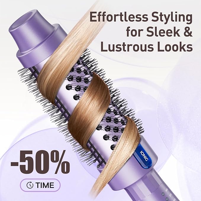 1.5 Inch Thermal Brush Blowout with 5 Temp Settings, Universal Voltage Hair Curling Iron, Ceramic Ionic Thermal Round Curling Brush Suitable for Medium and Long Hair, Purple