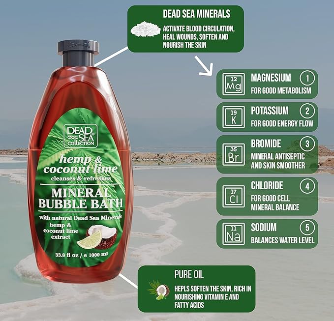 Dead Sea Collection Hemp & Coconut Lime Bubble Bath for Women and Men with Pure Minerals - Nourishing and Moisturizing Skin - 33.8 Fl. Oz