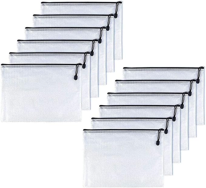 Oaimyy-B5(8"x 11",12 Pcs) Plastic Mesh Zipper Pouch Document Folders Bag & Zip File Folders for School Office Supplies, Travel,Puzzles Games Organizing Storage-Black