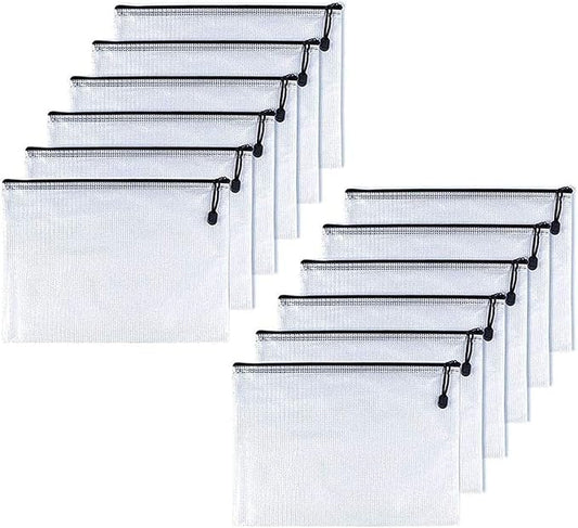 Oaimyy-B5(8"x 11",12 Pcs) Plastic Mesh Zipper Pouch Document Folders Bag & Zip File Folders for School Office Supplies, Travel,Puzzles Games Organizing Storage-Black