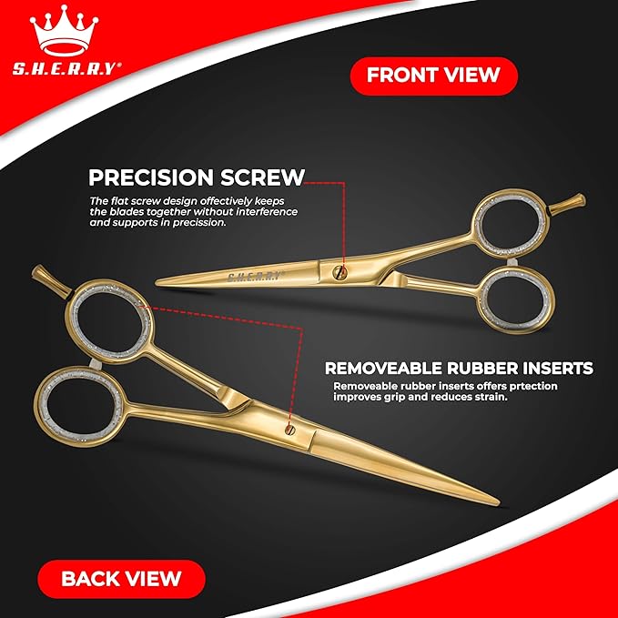 Professional Barber Shears 6.5” – High Carbon Stainless Steel Hair Cutting Scissors with Razor Sharp Edge for Salon & Home Use by S.H.E.R.R.Y (Gold, 6.5)