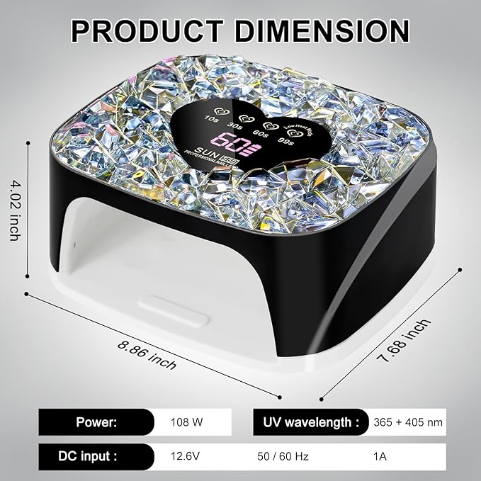 LIMEGIRL UV LED Nail Lamp Kit for Gel Polish Professional Fast Black Diamond Design Curing Dryer Light Set with 4 Timers and Gloves Cordless Rechargeable Nail Art Cure Machine at Home and Salon