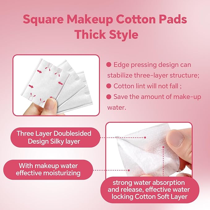 Square Makeup Cotton Pads, 200 Thick and 800 Ultra-Thin Soft, Lint-Free Pads for Makeup Removal, Toner Application and Daily Skincare