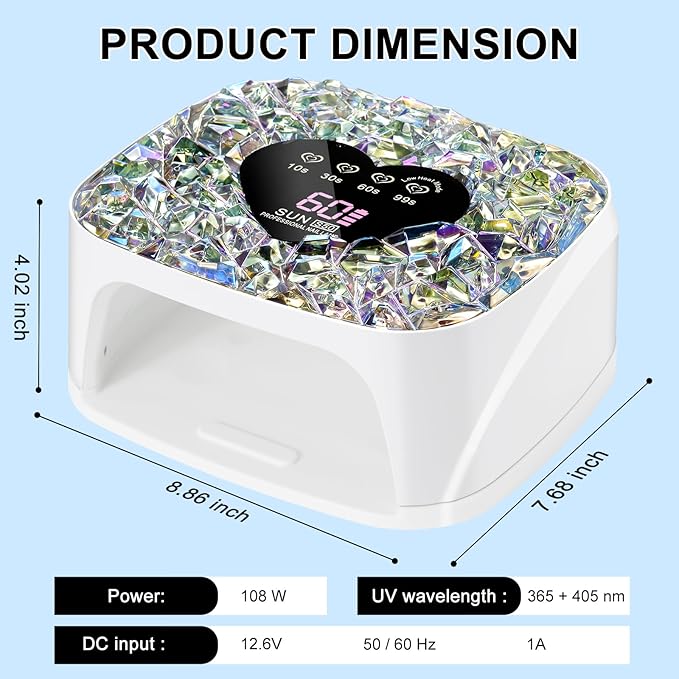 LIMEGIRL UV LED Nail Lamp Kit for Gel Polish Professional Fast White Diamond Design Curing Dryer Light Set with 4 Timers and Gloves Cordless Rechargeable Nail Art Cure Machine at Home and Salon