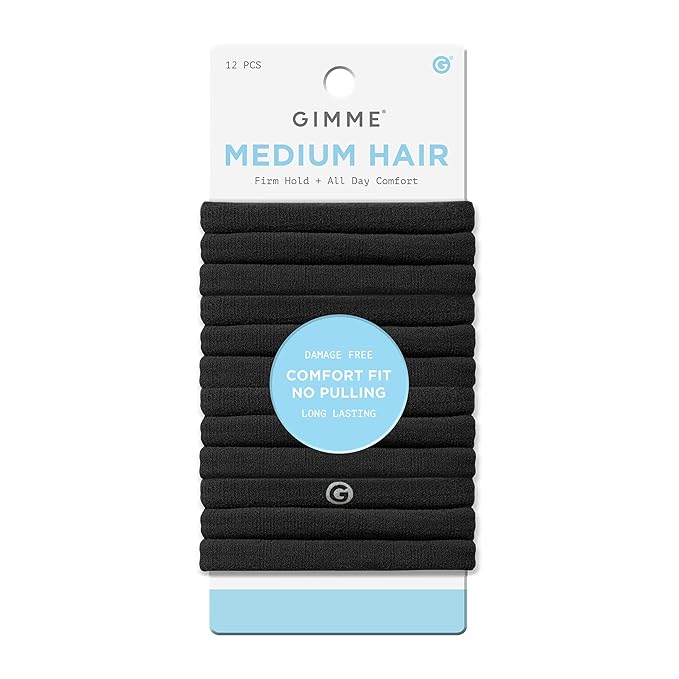 Gimme Beauty Medium Hold Hair Bands - Seamless Spandex & Nylon Ties for All Hair Types - Damage-Free, Comfort Fit Ponytail Holders - No-Crease Elastic Bands for Daily Use - 12 Pack, Black