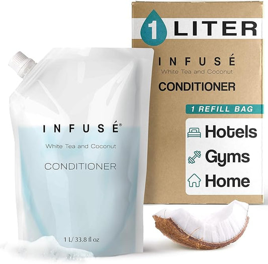1 Liter Conditioner Refill Bag For Soap Dispensers | Bulk Toiletries for Vacation Rentals, and Home Bathroom Showers | White Tea and Coconut | Single