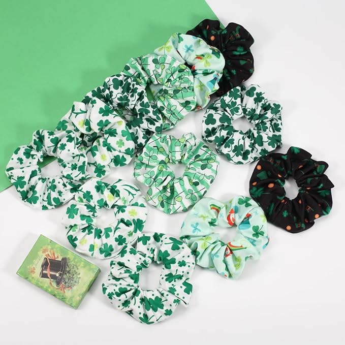 Green Shamrock and Rainbow Elastic Hair Scrunchies - 12PCS Gifts for Women & Teen Girls, St. Patrick's Day Decor Hair Accessories