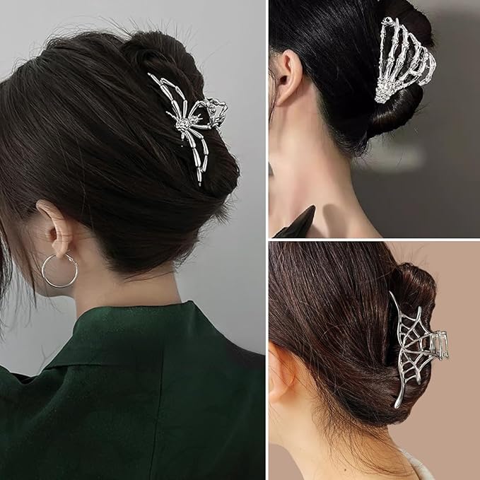 3 Pieces Large Metal Spider Net Hand Hair Claw Clips for Women and Girls Thick Long Hair, Nonslip Skeleton Spooky Barrette Headband Hair Styling Accessories for Halloween Christmas Gifts