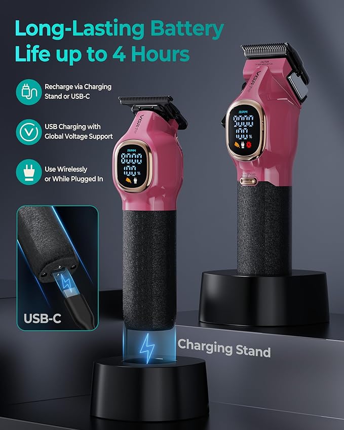 Professional Hair Clippers for Men, Professional Barber Clippers and Trimmer Set, Cordless Hair Clippers for Hair Cutting with Package Case, Powerful 9000 PRM Rechargable Electric (Pink)