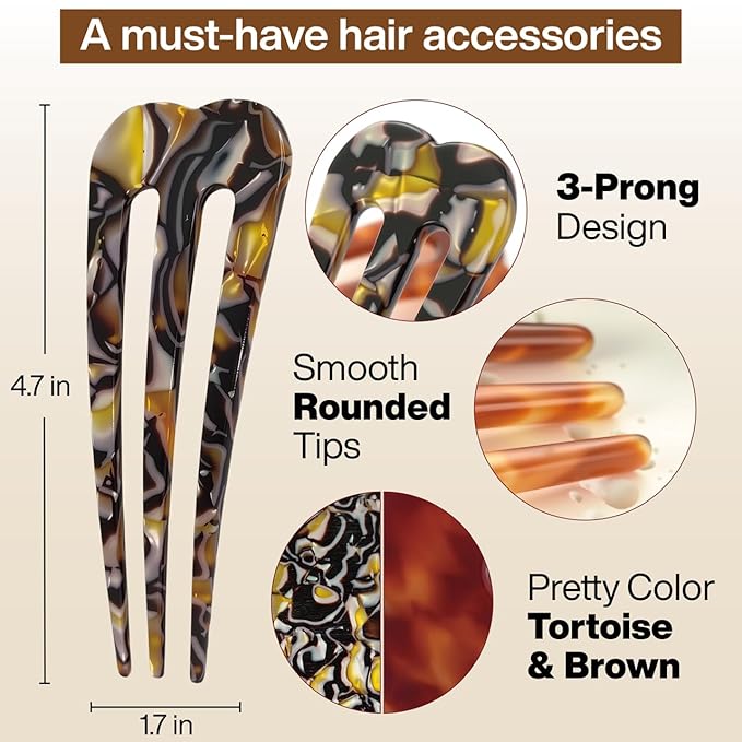Large French Hair Pins for Women, 3-Prong French Pins for Thick Hair, U Shaped Hair Forks, French Twist Hair Pin Clips, Updo Hair Sticks for Buns, 2 Pcs (Tortoise, Brown)
