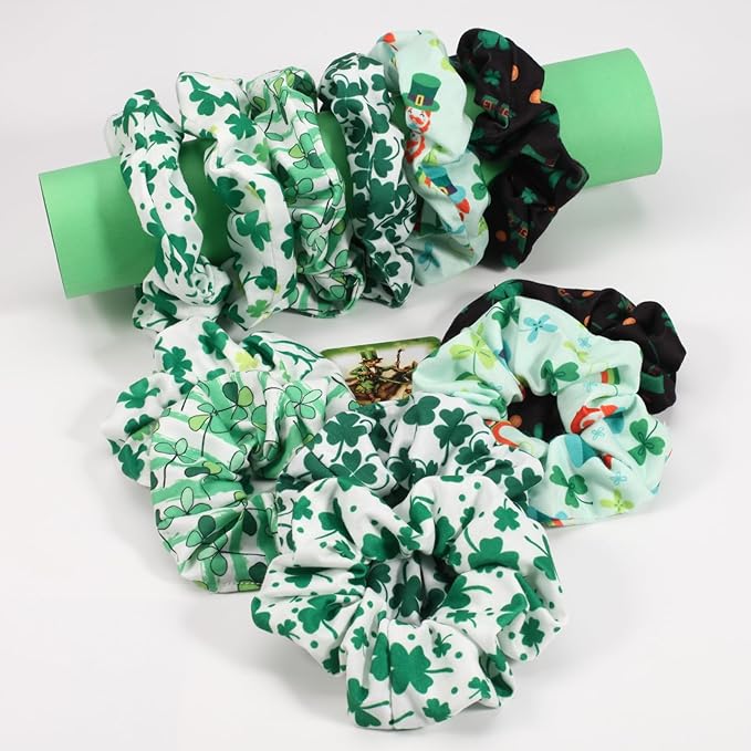 Green Shamrock and Rainbow Elastic Hair Scrunchies - 12PCS Gifts for Women & Teen Girls, St. Patrick's Day Decor Hair Accessories