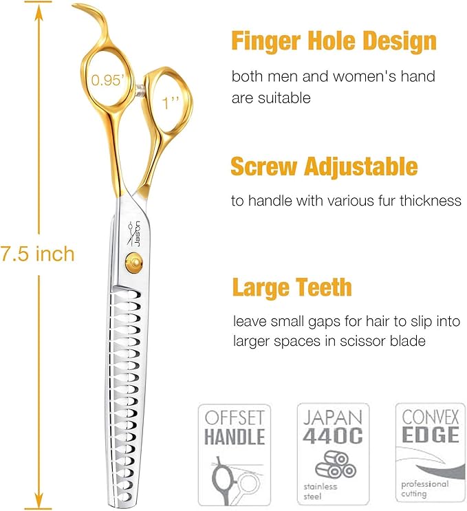 JASON 7.5" 18-Teeth Chunkers Shears for Dogs Cats Grooming Texturizing Blending Thinning Scissor Pets Trimming Kit Sharp Gold Shear for Right Handed Groomers Christmas Gift