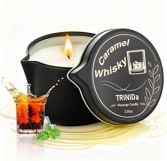 TRINIDa Low Temperature Massage Oil Candle 2.35oz - Soy Wax & Coconut Oil Blend, Moisturizes Skin,Stress Relief, Couples Massage & Home SPA, Romantic Gift Massage Scented Candle (Caramel Whiskey)