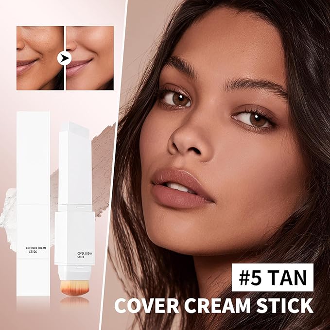 AKARY Color Changing Foundation Stick, Medium to Full Coverage Cream Blance Cover Cream Stick Hydrating Makeup, Dual-Ended with Soft Brush for Flawless Look, Portable & Travel-Friendly, #5 Tan