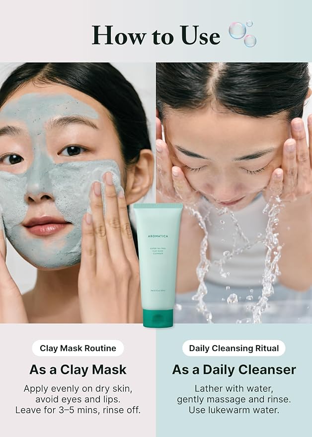 AROMATICA Super Tea Tree Clay Mask Cleanser, Blackhead Remover & Pore Minimizer for Face, Korean Face Wash with Tea Tree Oil, 2 In 1 Acne Skin Care Clay Mask & Cleanser, Oil control (5.0 fl oz)