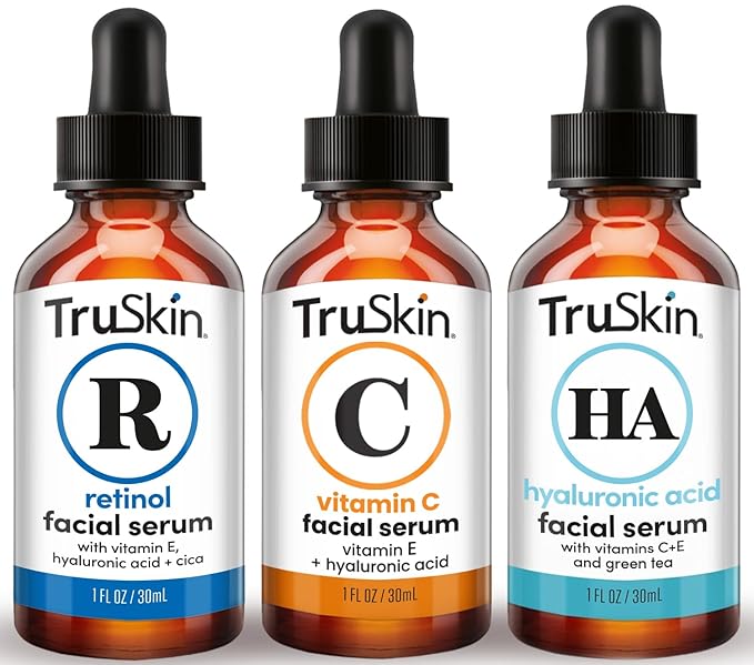 TruSkin Face Serum Trio – Vitamin C, Retinol & Hyaluronic Acid Anti-Aging Serums for Face – AM, PM & All-Day Skincare Routine – Brightening, Smoothing & Hydrating Facial Serums, 1 fl oz Each