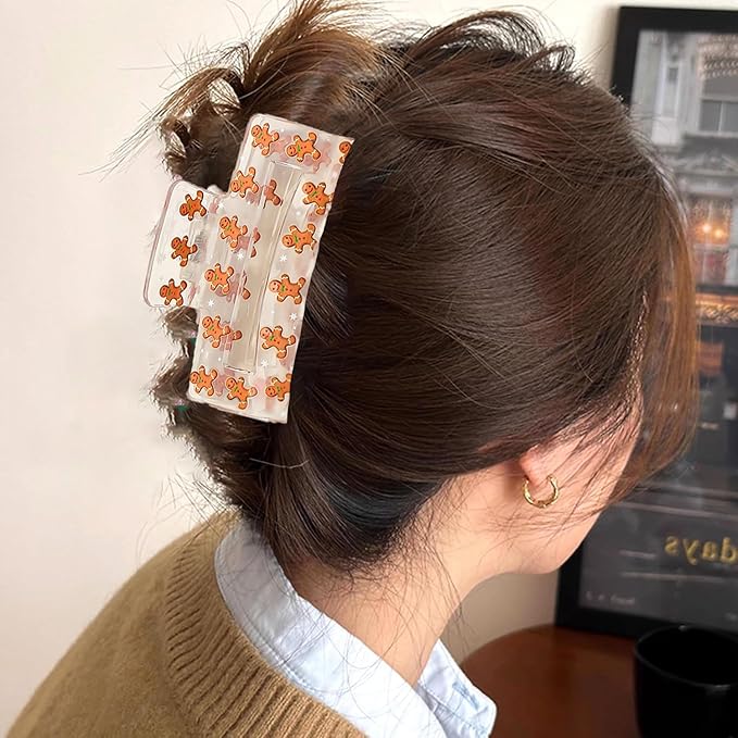 Christmas Hair Clip, Christmas Cute Gingerbread Man Claw Clips, Rectangular Large Hair Claw Clips for Thick/Thin Hair, Xmas Brown Gingerbread Design Medium Hairpin, Hair Accessories for Xmas