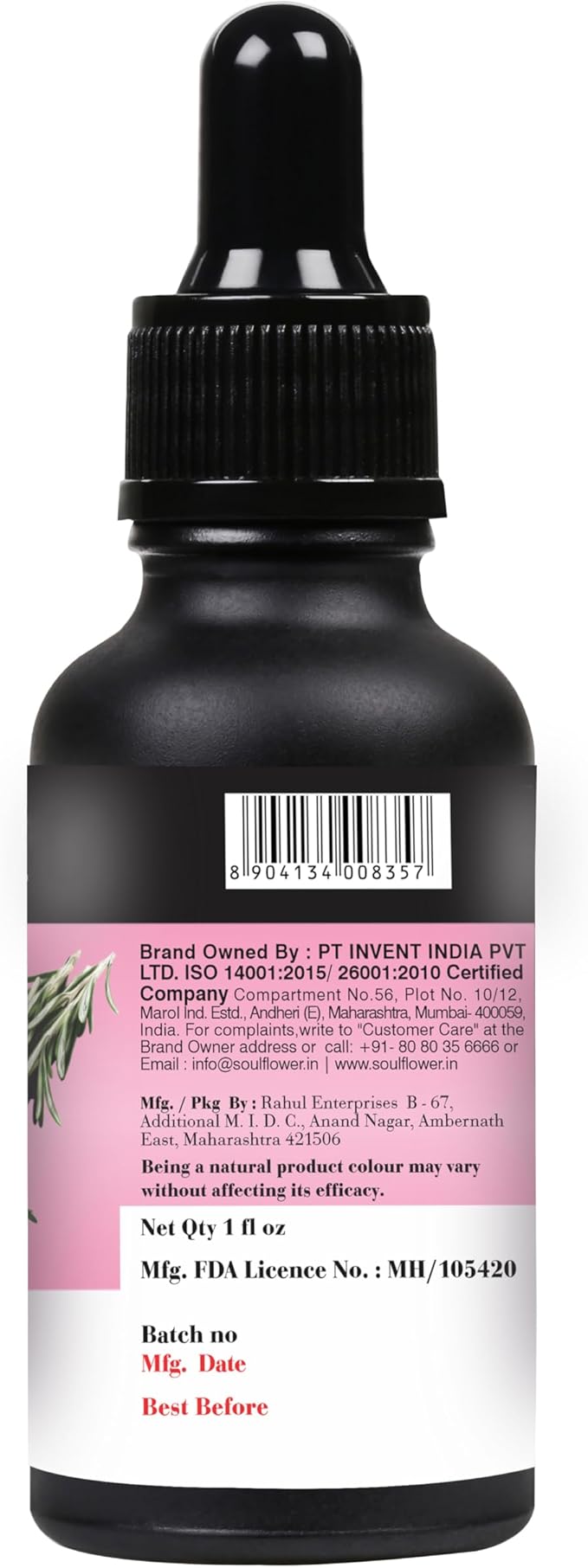 Soulflower 100% Pure Rosemary Oil for Hair Growth, Hair Fall Control, Strengthening, Volumising Hair Oil for All Types | Organic Certified (1 fl oz)