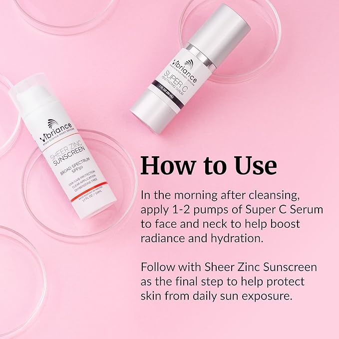 Vibriance Simple Skincare Essentials Bundle | Super C Vitamin Serum, Sheer Zinc Sunscreen SPF 50 Skin Care Set - Nourish, Protect, Illuminate