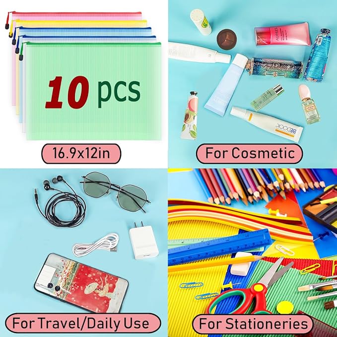 AUSTARK 10 Pcs Zipper File Bags, Waterproof Plastic Mesh Pouch for Office School, Board Game Storage Bags (A3 Size 16.9''x12'', Multicolored)