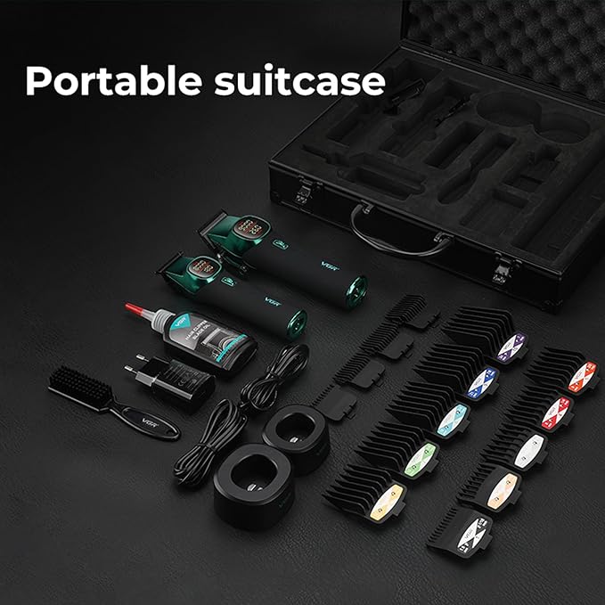 VGR 885 S2 Cordless Barber Clippers and Trimmers Kit, Professional Hair Clippers for Men, Haircut Kit with DLC-Coated Ceramic Blades, 21-Speed Roller, 2 Magnetic Charging Bases, LED Display, Green