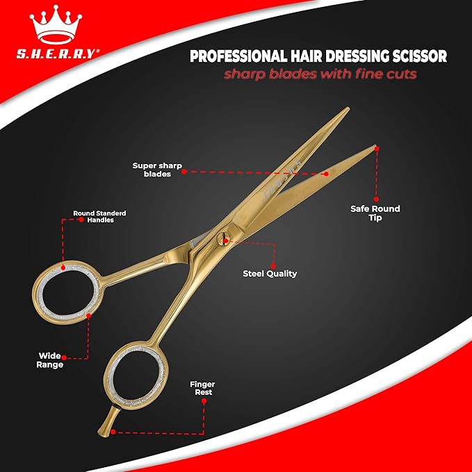 Professional Barber Shears 6.5” – High Carbon Stainless Steel Hair Cutting Scissors with Razor Sharp Edge for Salon & Home Use by S.H.E.R.R.Y (Gold, 6.5)