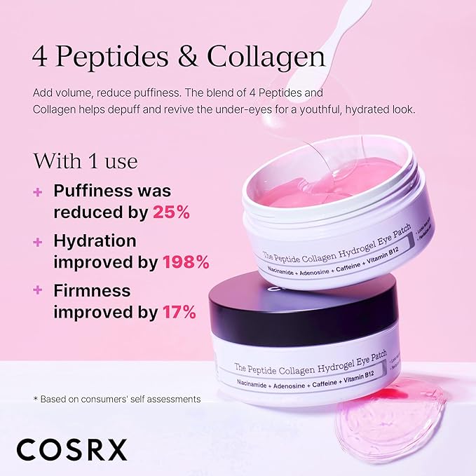 COSRX Pink Peptides Collagen Hydrogel Eye Patch for Puffy Eyes and Dark Circles, Under Eye Mask, 60 Under Eye Patches, Korean Skin Care, Stocking stuffers for women