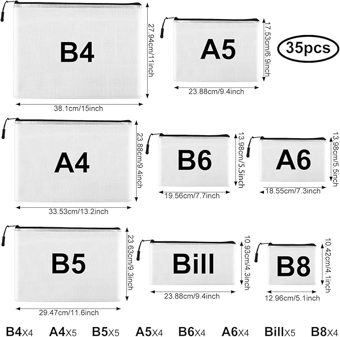 20pcs Multisize Mesh Zipper Pouch, Waterproof Bags for Office Supplies, 8 Sizes Waterproof Plastic Document Pouch, Bags for Travel Storage, Office Supply and Home Organize