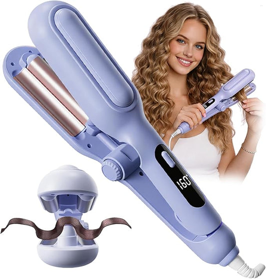 1&1.25 Inch Hair Crimper for Women to Adjustable Groove - Deep Waver Crimper Hair Tool - Waver Curling Iron - Anti-Scald Tech Hair Waver - Ionic Ceramic Coating for Long-Lasting,Fast Heating,Blue