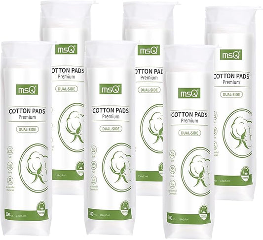 MSQ Cotton Rounds Makeup Remover Pads 600 Count Cotton Facial Cleansing Round Cotton Pads Lint-Free,Hypoallergenic (Pack of 6)