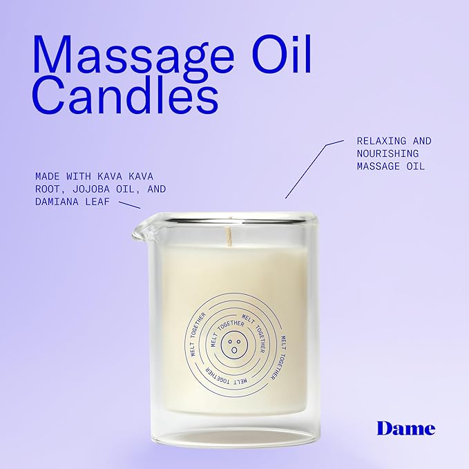 Dame Products Melt Together Massage Oil Candle, Body Oil Candle for Warm Body Massage & Skin Moisturizing, Spa Inspired Aromatherapy Candle, Green Tea Fig Virginia Cedar Wood Scent, 5 Oz