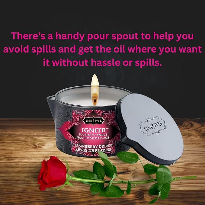 KAMA SUTRA Ignite Massage Candle - Coconut Oil and Soy Based - Strawberry Dreams, 6 oz/170 g Sore Muscle Massage Oil - Moisturizing - Natural Therapy Oil - Warming, Relaxing, Sensual Massage