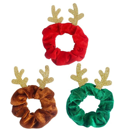 Christmas Hair Scrunchies, 6Pcs Reindeer Antler Hair Ties Velvet Scrunchies Elastic Christmas Ponytail Holder Red Green Brown Hair Ties for Women Girls Xmas Accessories