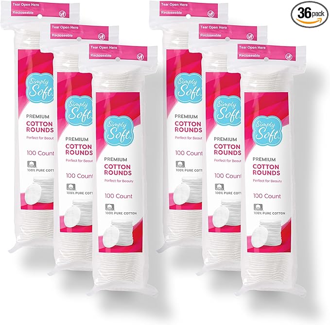 Simply Soft Premium Cotton Rounds, 100% Pure, Absorbent Cotton Pads, 100 Count (Pack of 36)