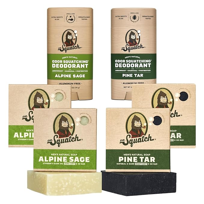 Dr. Squatch Manly Soap and Deodorant Variety Pack - Handmade with Organic Oils, Aluminum-Free - Pine Tar and Alpine Sage