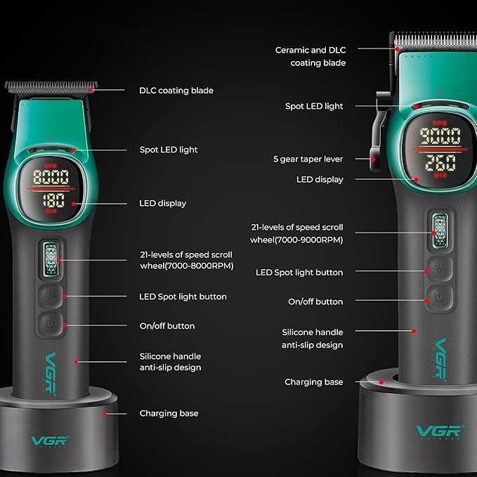 VGR 885 S2 Cordless Barber Clippers and Trimmers Kit, Professional Hair Clippers for Men, Haircut Kit with DLC-Coated Ceramic Blades, 21-Speed Roller, 2 Magnetic Charging Bases, LED Display, Green