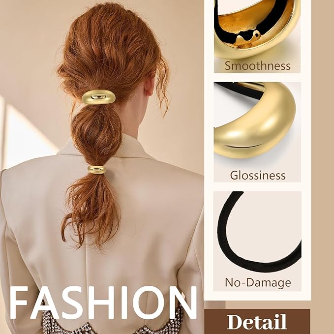2PCS Gold Hair Ties for Women - Metal Hair Accessories for Thick Hair, Elegant and Durable Geometric Design, Ponytail Cuffs Stretchy Non-Damage Holiday Christmas Gifts