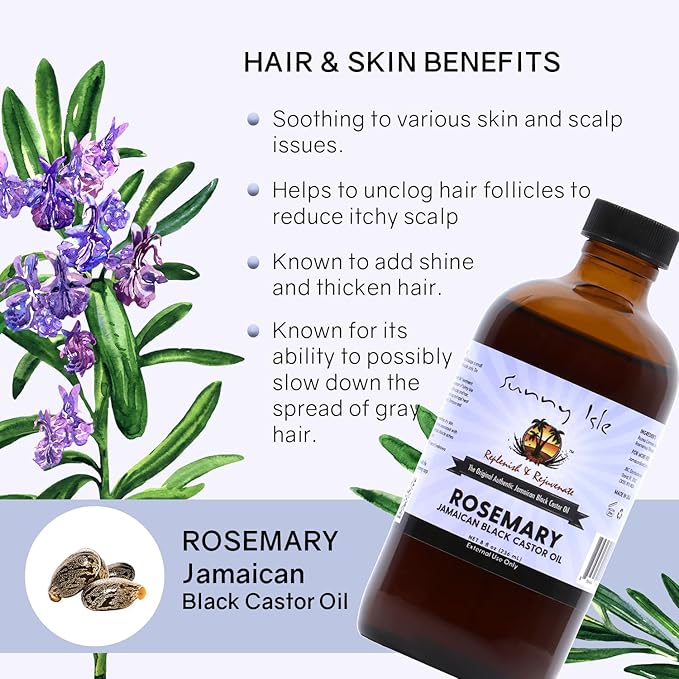 Sunny Isle Rosemary Jamaican Black Castor Oil 8oz | Hair Growth Formula | For Scalp & Gentle Acne-Prone Skin Care | Hot Oil Treatment
