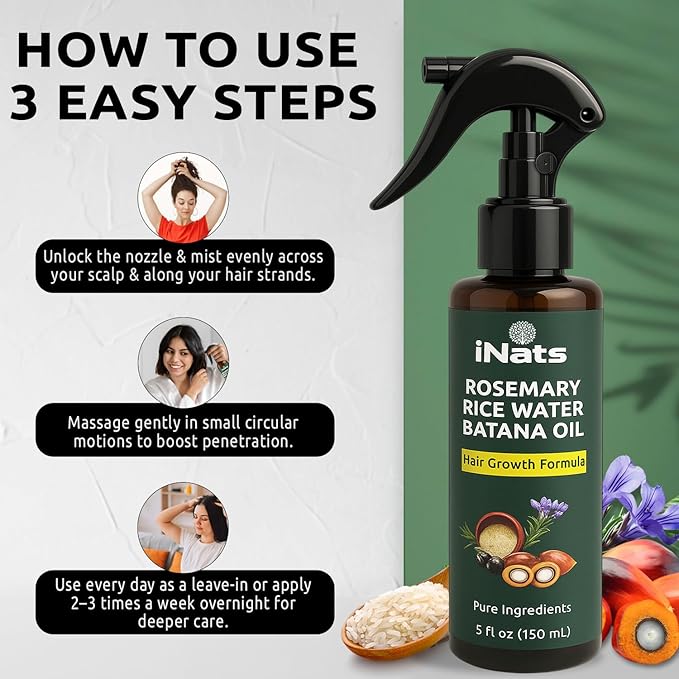 Rosemary Water Spray for Hair Growth w/Rice Water, Biotin, Batana & Peppermint Oil – Non-Sticky Organic Hair Growth Spray to Control Hair fall & Strengthen Strands - For Men & Women – 5 fl oz