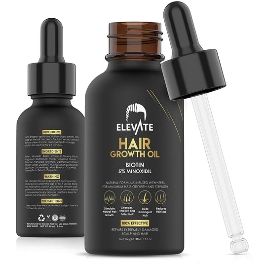 Elevate Hair Regrowth Treatment 5% Minoxidil Solution - Biotin Serum Hair Growth Oil for Men & Women - Thicker Fuller Stronger Hair - Stops Hair Loss & Thinning - Natural Hair Thickening Treatment 1oz
