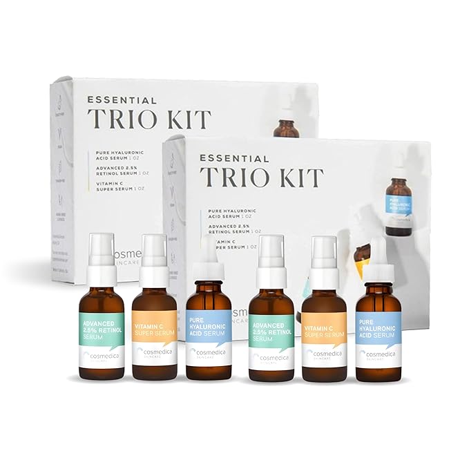 Cosmedica Skincare Facial Serum Trio Set Value for Clear Skin - Vitamin C Super Serum, 2.5% Retinol Serum, Pure Hyaluronic Acid Serum – Vegan, Cruelty-Free Skincare 6 pack