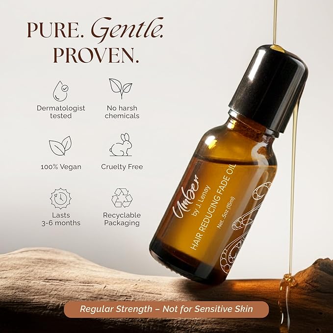 Umber by J. Lenay Hair Reducing Fade Oil – Regular Strength (Not sensitive skin), Minimizes Hair Growth for Face & Body – For Women & Men – 15ml Serum