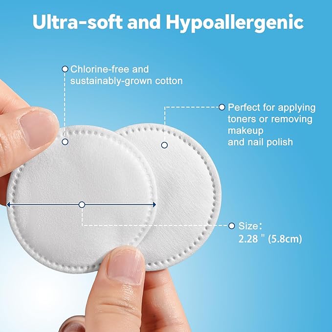 Cotton Rounds for Facial Cleansing and Nail Polish Removal - 100% Pure Cotton, Hypoallergenic Makeup Remover Pads, Lint-Free Multi-Layer Design (100 Count, Pack of 3)