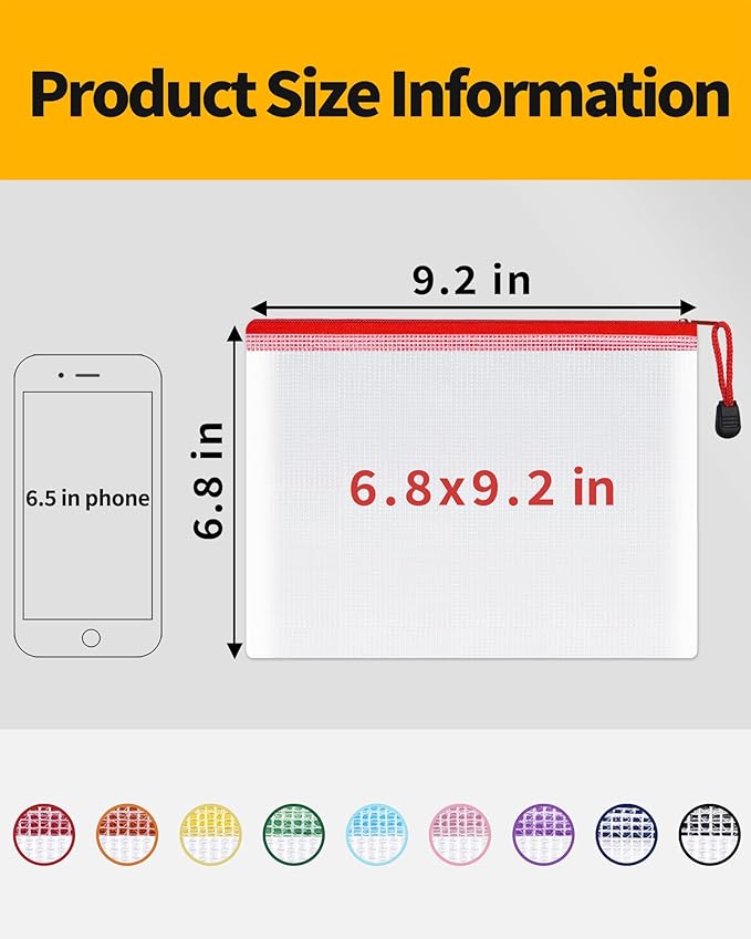 SUNEE Plastic Mesh Zipper Pouch 6.8x9.2 in (9 Colors, 18 Packs),Extra Large Water-Resistant Zip Bag for School Office Supplies, Puzzles & Games Organizing Storage