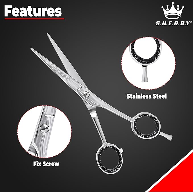 Professional Barber Shears 6” – High Carbon Stainless Steel Hair Cutting Scissors with Razor Sharp Edge for Salon & Home Use by S.H.E.R.R.Y (Silver, 6 inches)