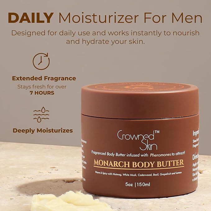 Crowned Skin Monarch Cologned Body Butter | Spicy and Bold Scent | Blended with White Musk & Cedarwood | Infused with Organic Shea & Mango Butters | Moisturizing Formula with All-Day Fragrance | 5oz