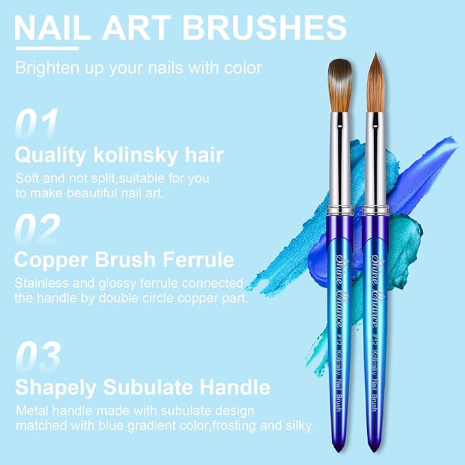 Acrylic Nail Brush - Size 12, 100% Pure Kolinsky Sable 3D Art Nail Brush & Application Tool - Gradient Blue Handle