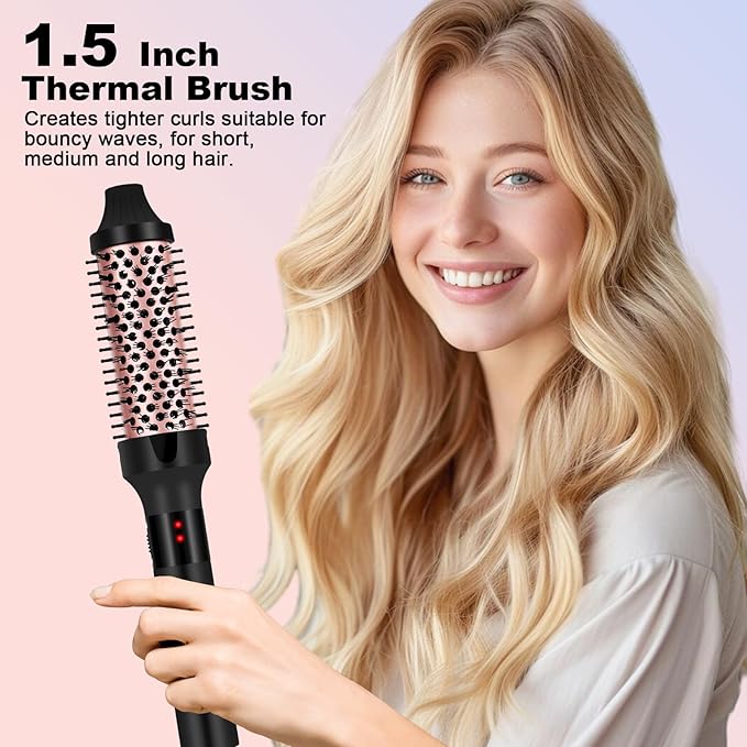 1.5 Inch Thermal Brush for Blowout Look, Heated Round Hair Straightening Curling With 2 Temp Settings, Ceramic Iron for Medium & Long Hair, Dual Voltage for Travel